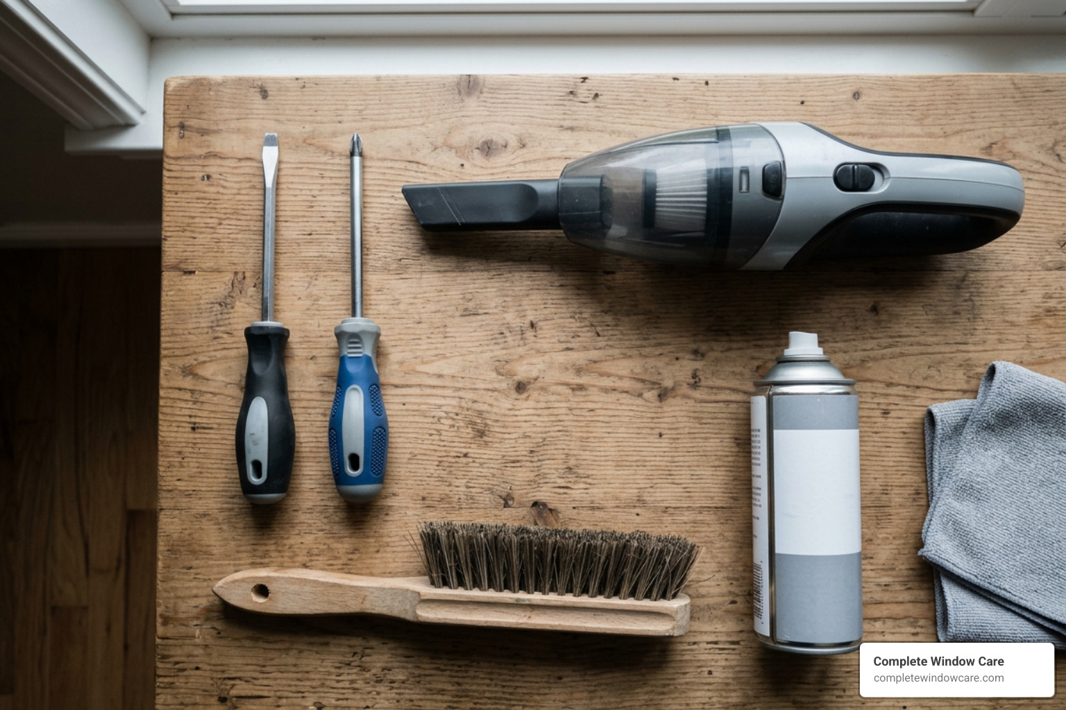 Tools laid out for window track repair including screwdrivers, vacuum, and silicone spray