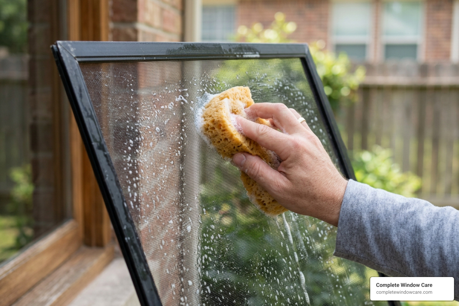 washing a screen mesh with a soft sponge and soapy water