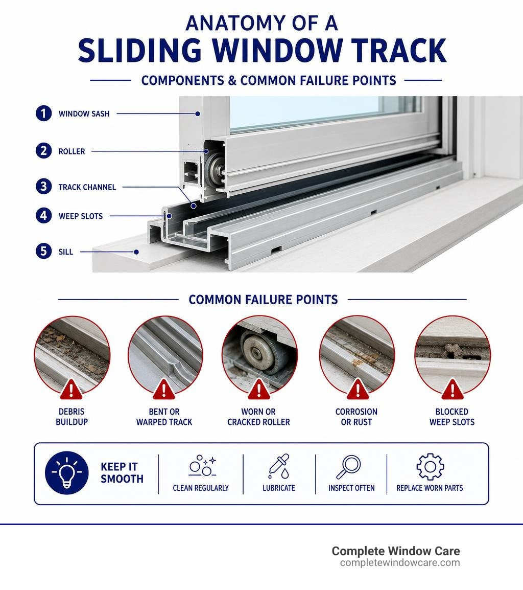 Anatomy of a sliding window track with labeled components and common failure points infographic