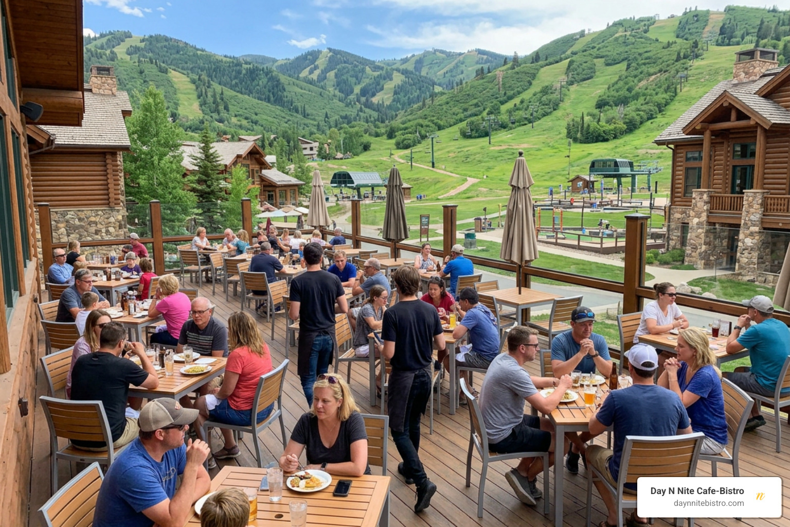 Scenic outdoor deck dining at a Park City ski resort during summer Scenic outdoor deck dining at a Park City ski resort during summer