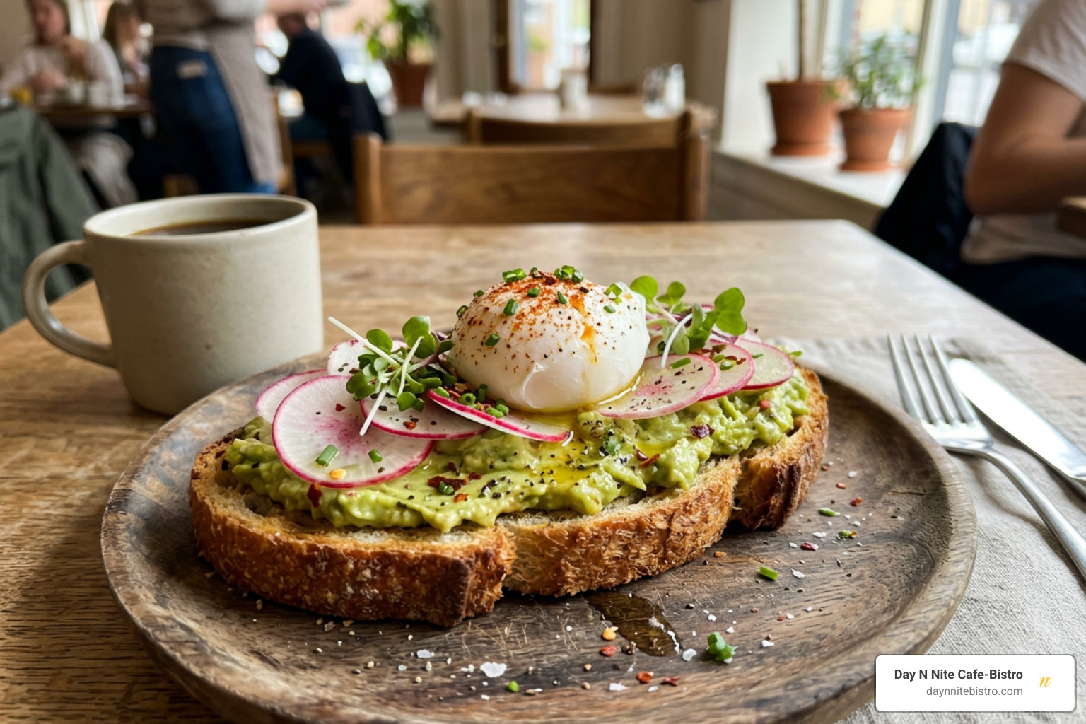 Freshly toasted sourdough topped with smashed avocado, radishes, and a poached egg Freshly toasted sourdough topped with smashed avocado, radishes, and a poached egg