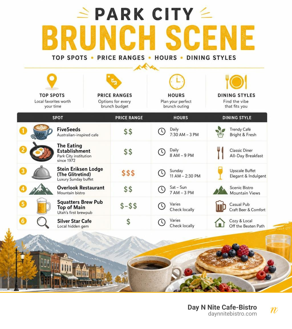 Park City brunch scene overview: top spots, price ranges, hours, and dining styles infographic Park City brunch scene overview: top spots, price ranges, hours, and dining styles infographic