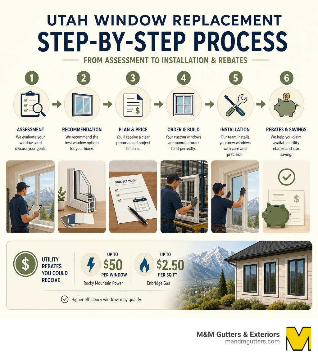 Step-by-step Utah window replacement process from assessment to installation and rebates infographic Step-by-step Utah window replacement process from assessment to installation and rebates infographic