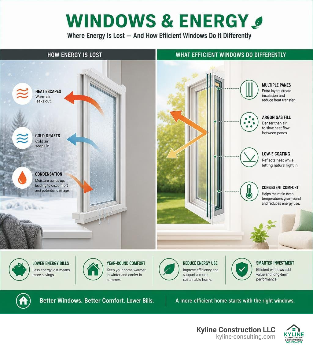 Infographic showing how energy is lost through windows and what efficient windows do differently infographic