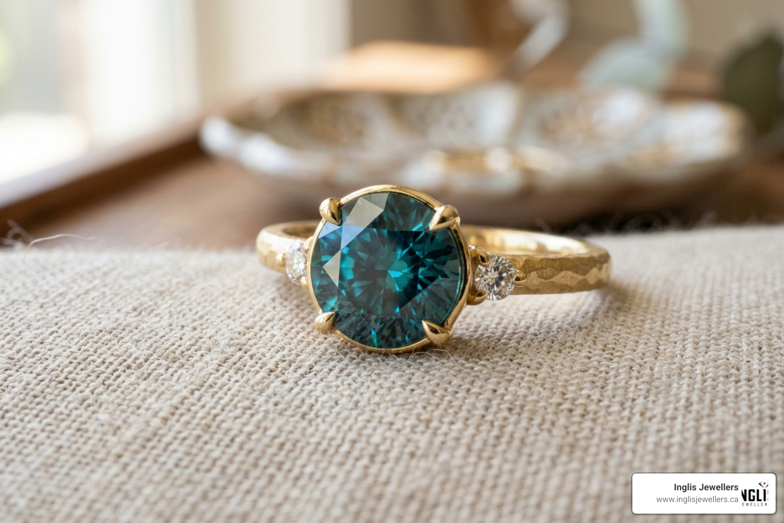Custom gemstone ring featuring teal sapphire and yellow gold Custom gemstone ring featuring teal sapphire and yellow gold