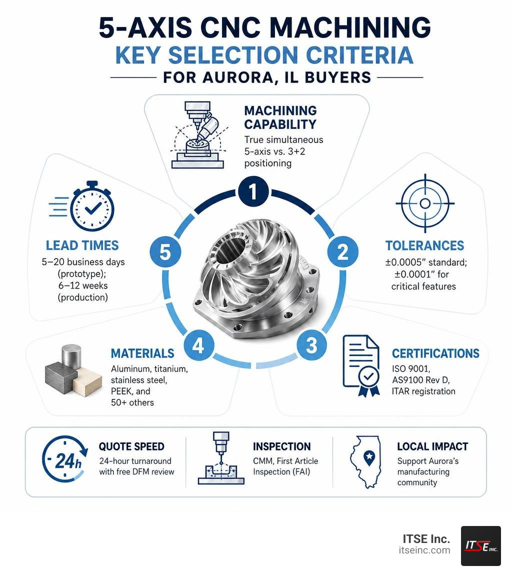 5-axis CNC machining key selection criteria infographic for Aurora IL buyers infographic
