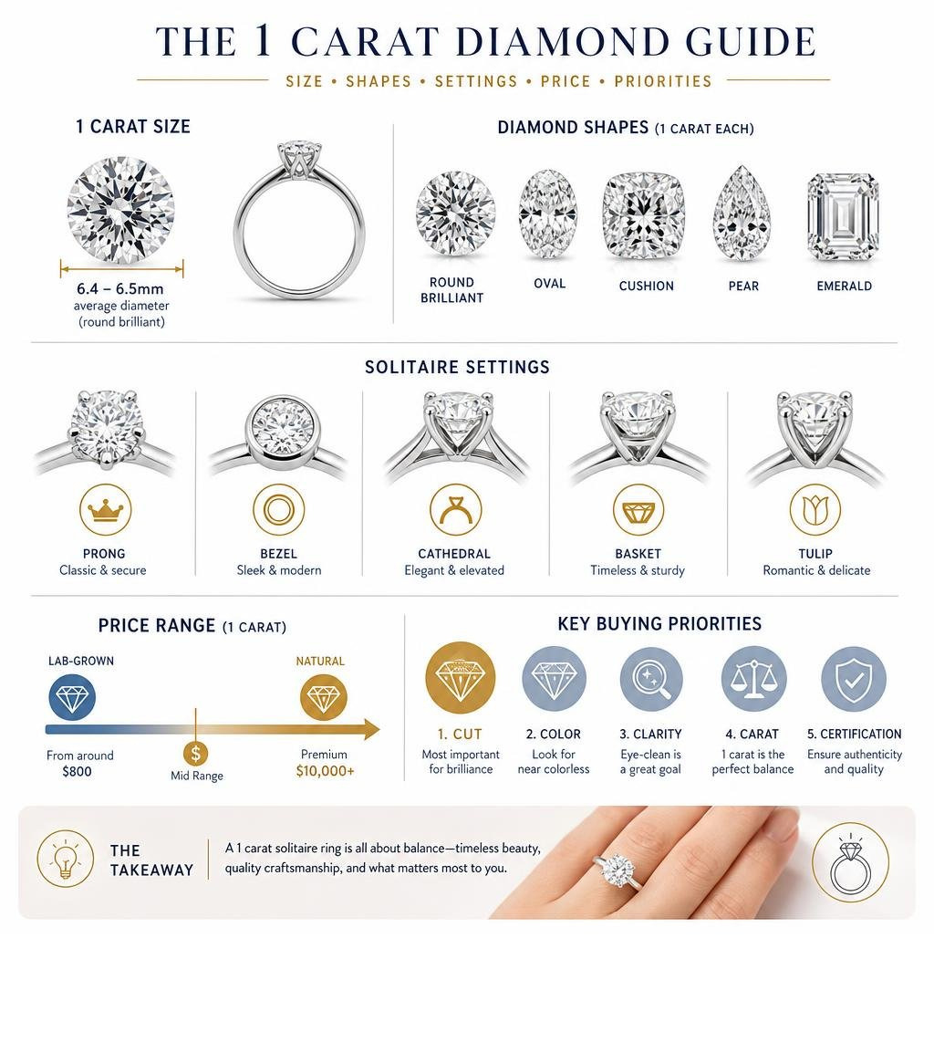 Visual guide showing 1 carat diamond size, shapes, settings, price ranges, and key buying priorities infographic