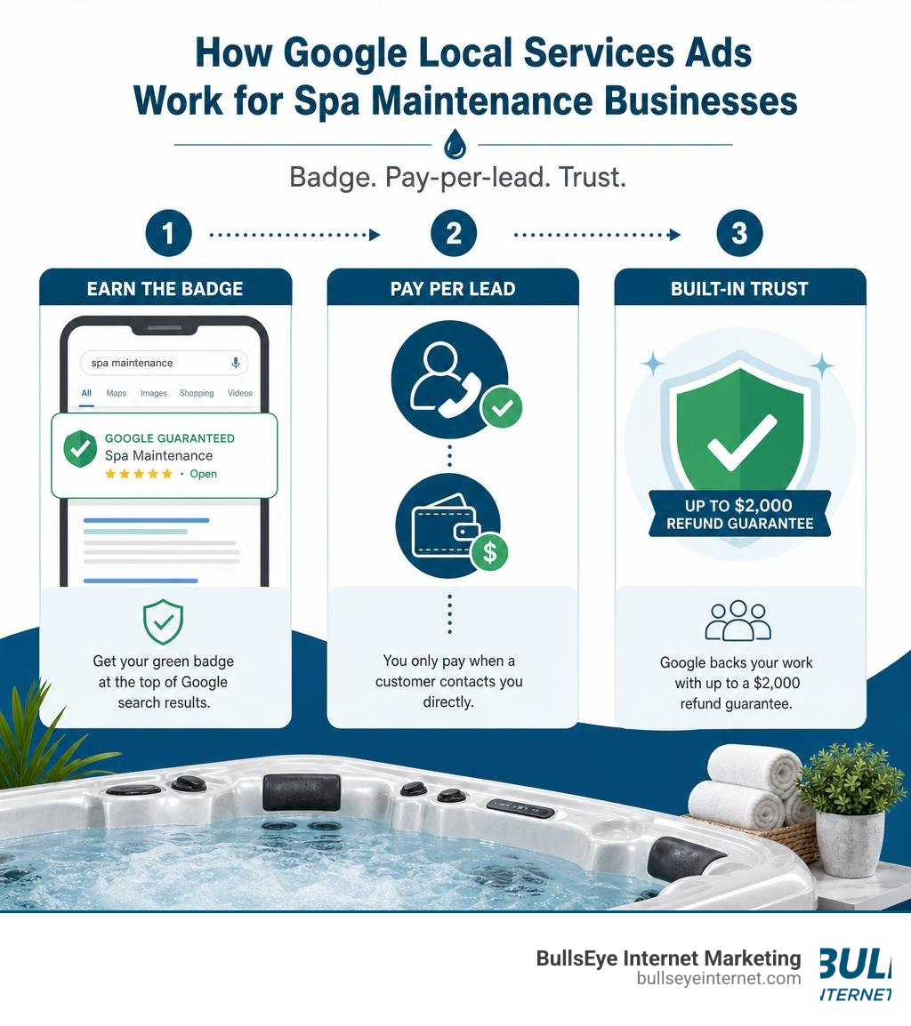 How Google Local Services Ads work for spa maintenance businesses — badge, pay-per-lead, trust infographic How Google Local Services Ads work for spa maintenance businesses — badge, pay-per-lead, trust infographic
