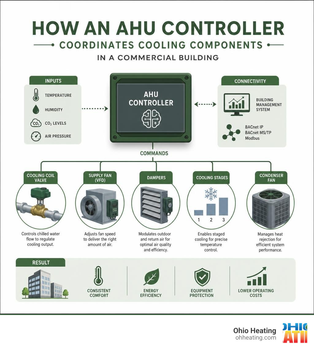How an AHU controller coordinates cooling components in a commercial building infographic