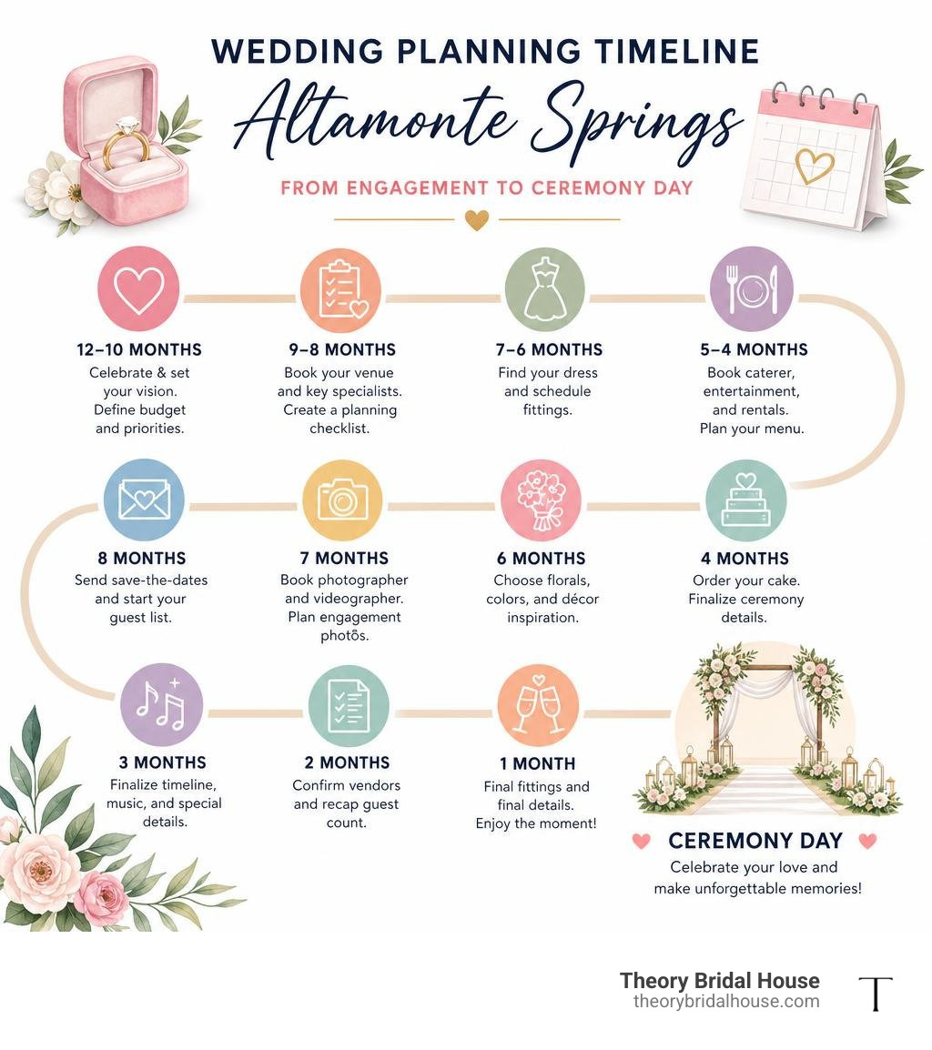 Wedding planning timeline for Altamonte Springs from engagement to ceremony day infographic Wedding planning timeline for Altamonte Springs from engagement to ceremony day infographic