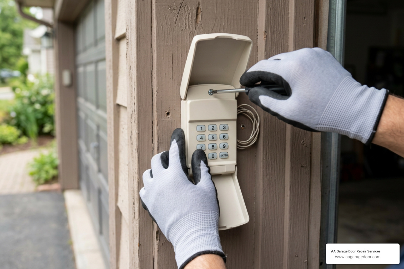 Chamberlain 940EV wireless keyless entry keypad mounted on a wooden frame Chamberlain 940EV wireless keyless entry keypad mounted on a wooden frame