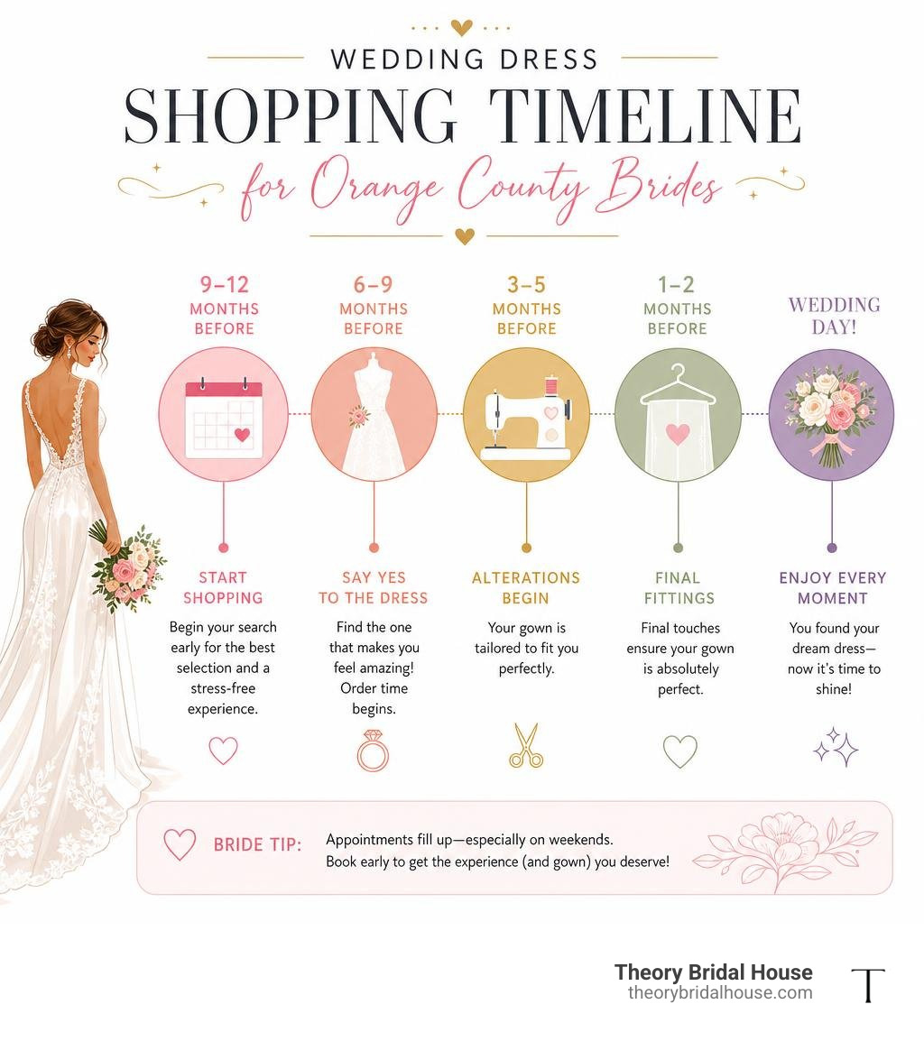 Wedding dress shopping timeline infographic for Orange County brides infographic