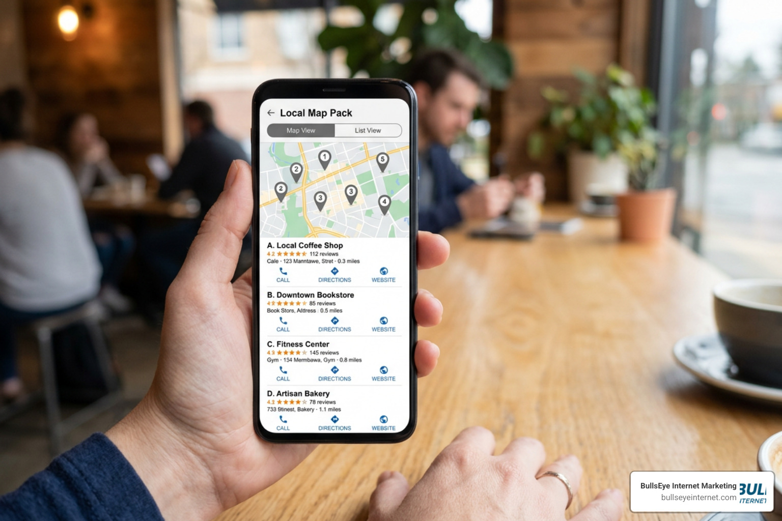 local search results on a smartphone showing local map pack local search results on a smartphone showing local map pack