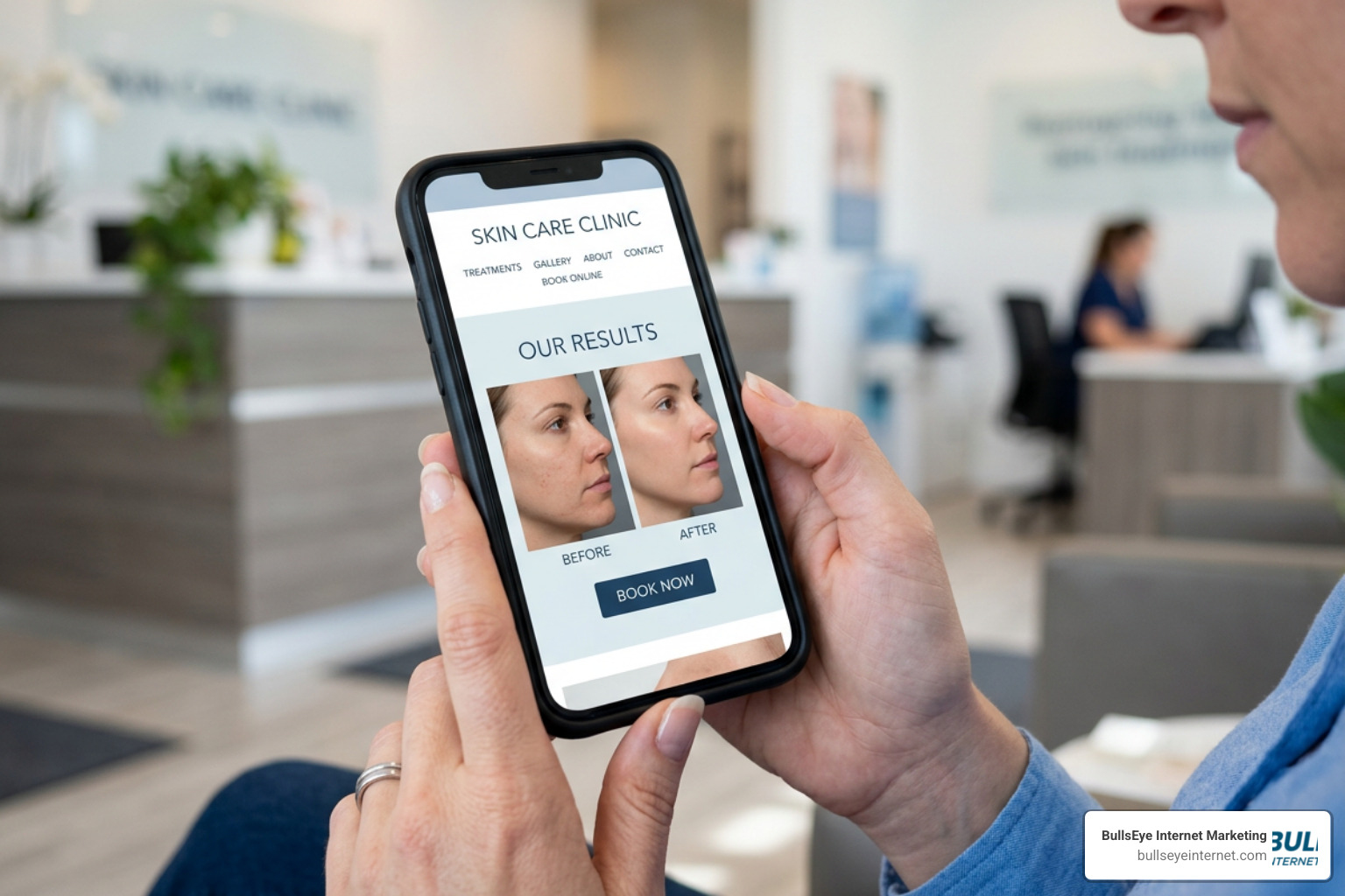 A high-converting skin clinic website displayed on a mobile phone screen A high-converting skin clinic website displayed on a mobile phone screen