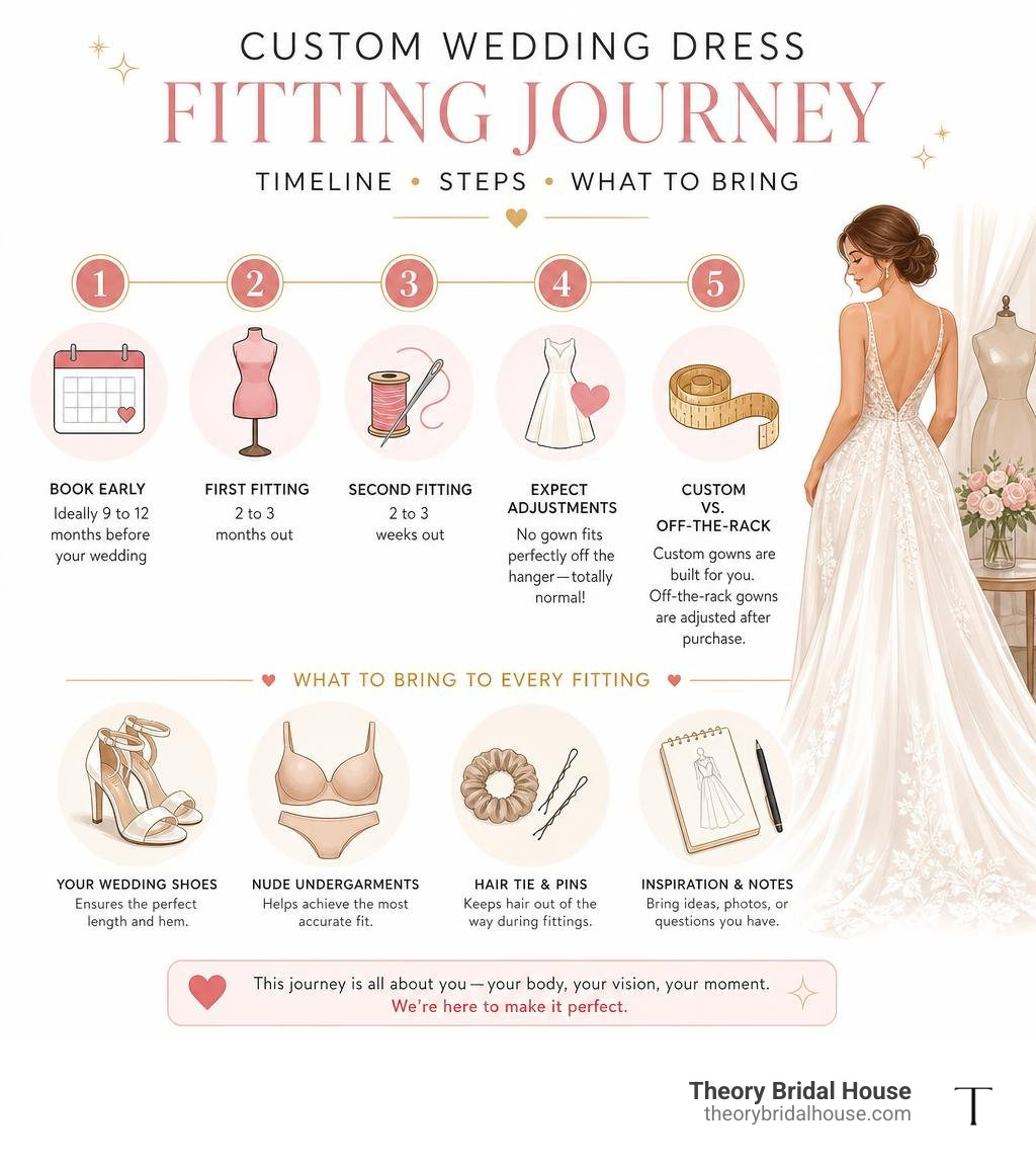 Custom wedding dress fitting journey: timeline, steps, and what to bring infographic Custom wedding dress fitting journey: timeline, steps, and what to bring infographic
