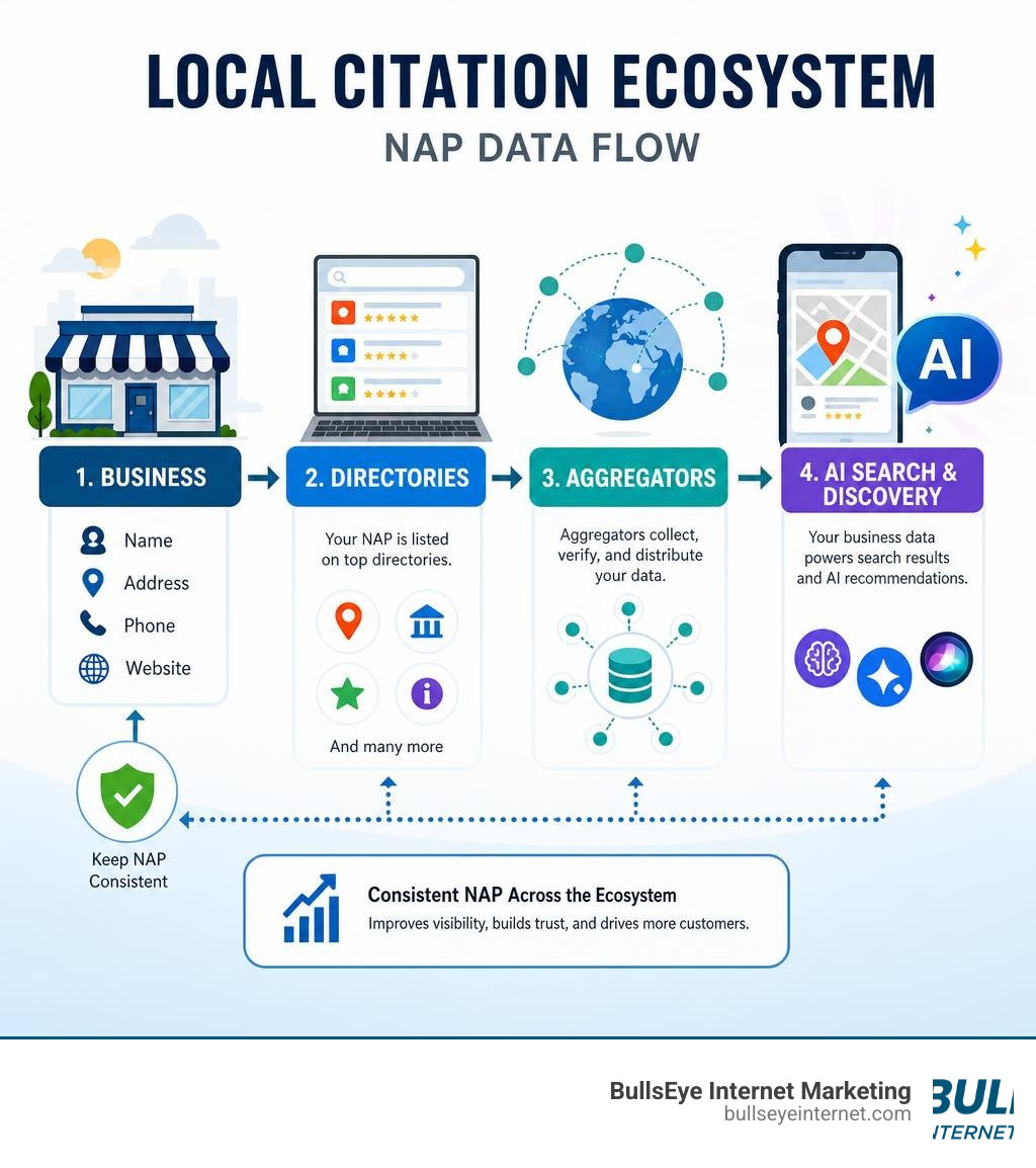 Local citation ecosystem showing NAP data flow from business to directories, aggregators, and AI search infographic Local citation ecosystem showing NAP data flow from business to directories, aggregators, and AI search infographic