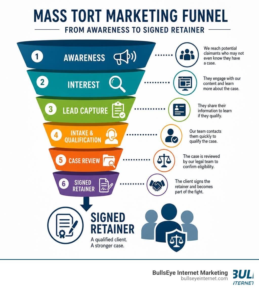 Mass tort marketing funnel from awareness to signed retainer infographic infographic