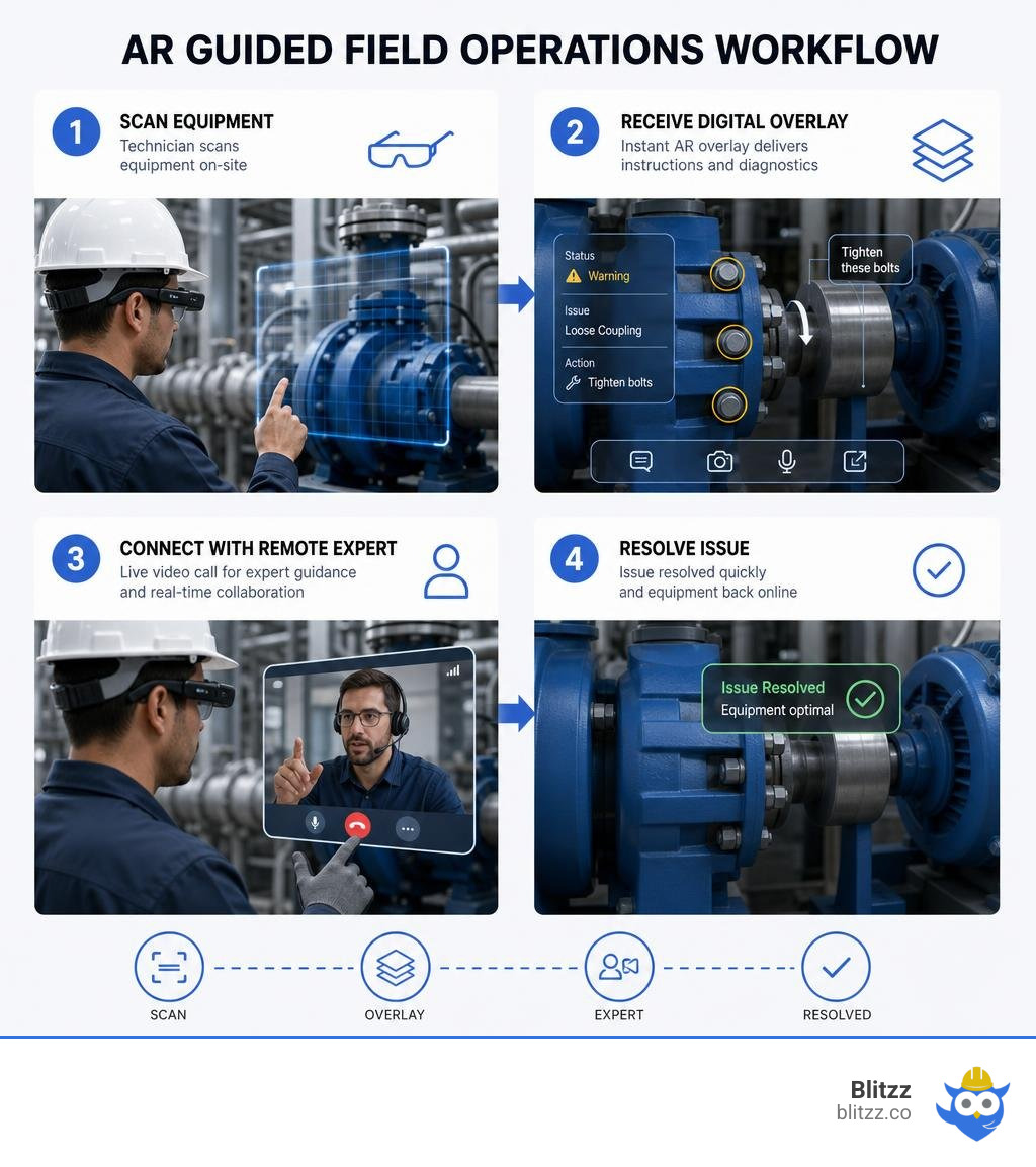 AR guided field operations workflow: technician scans equipment, receives digital overlay, connects with remote expert AR guided field operations workflow: technician scans equipment, receives digital overlay, connects with remote expert