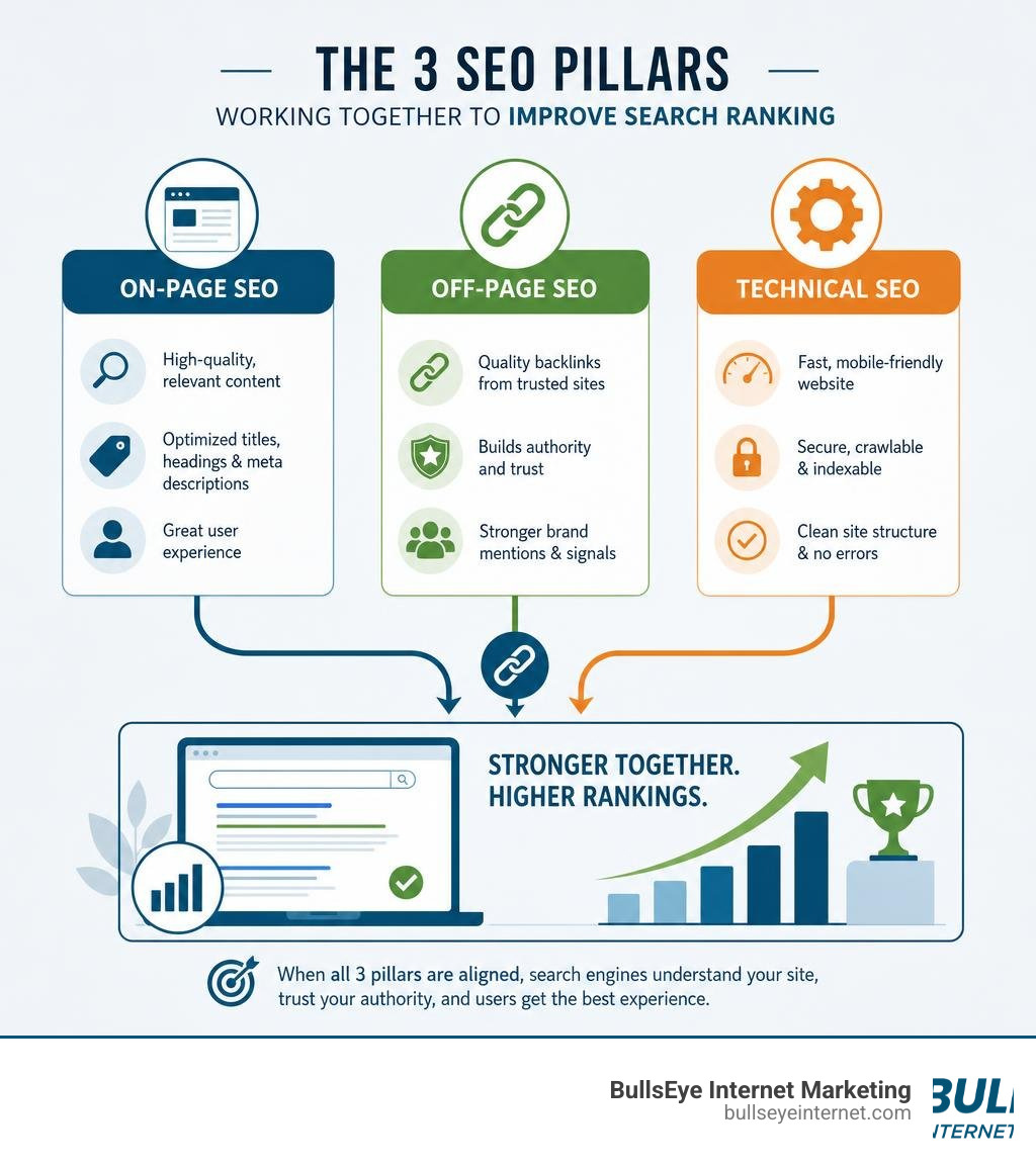 Infographic showing on-page, off-page, and technical SEO pillars and how they work together infographic