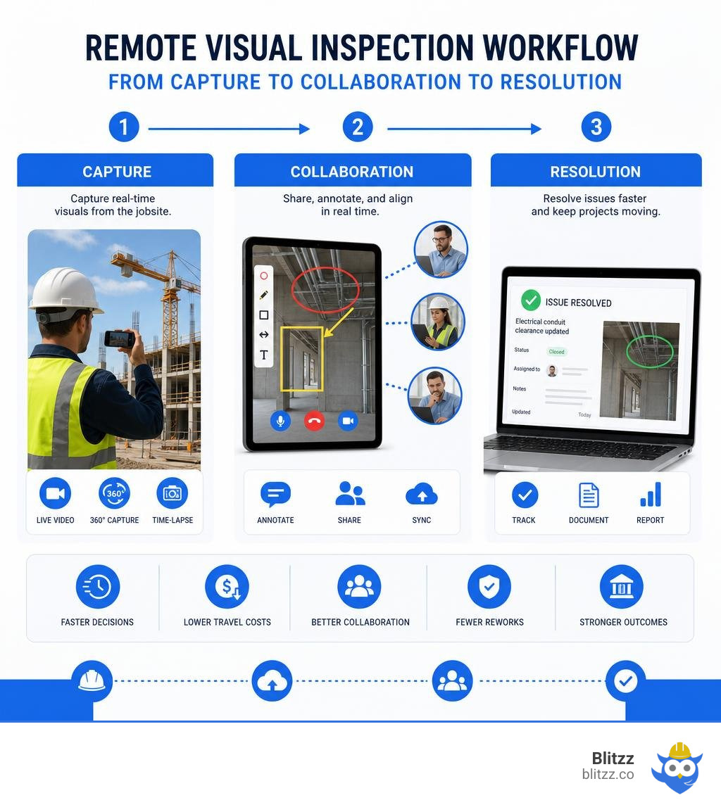 Remote visual inspection workflow from capture to collaboration to resolution infographic Remote visual inspection workflow from capture to collaboration to resolution infographic