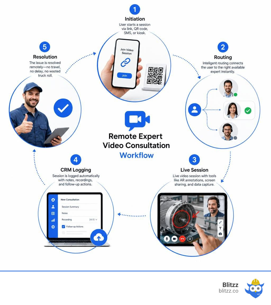 Remote expert video consultation workflow: initiation, routing, live session, CRM logging, resolution infographic