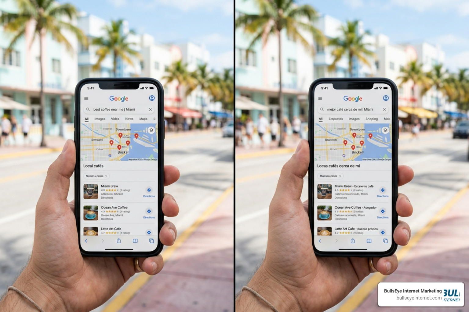 Bilingual search engine results showing English and Spanish local intent Smartphone displaying Google Maps search results for local cafes in Miami, Florida, highlighting bilingual SEO