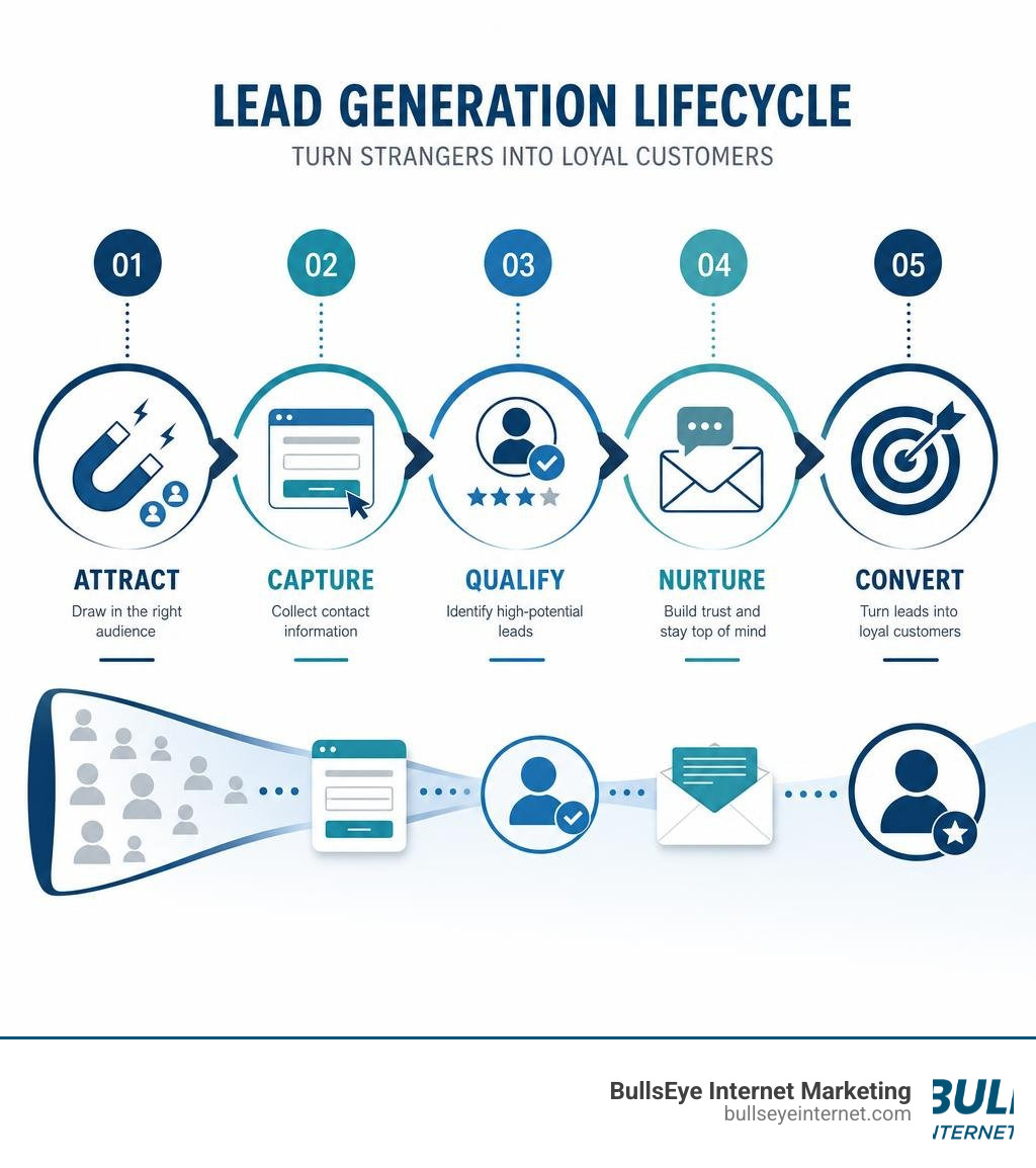 Modern lead generation lifecycle infographic: Attract, Capture, Qualify, Nurture, Convert infographic