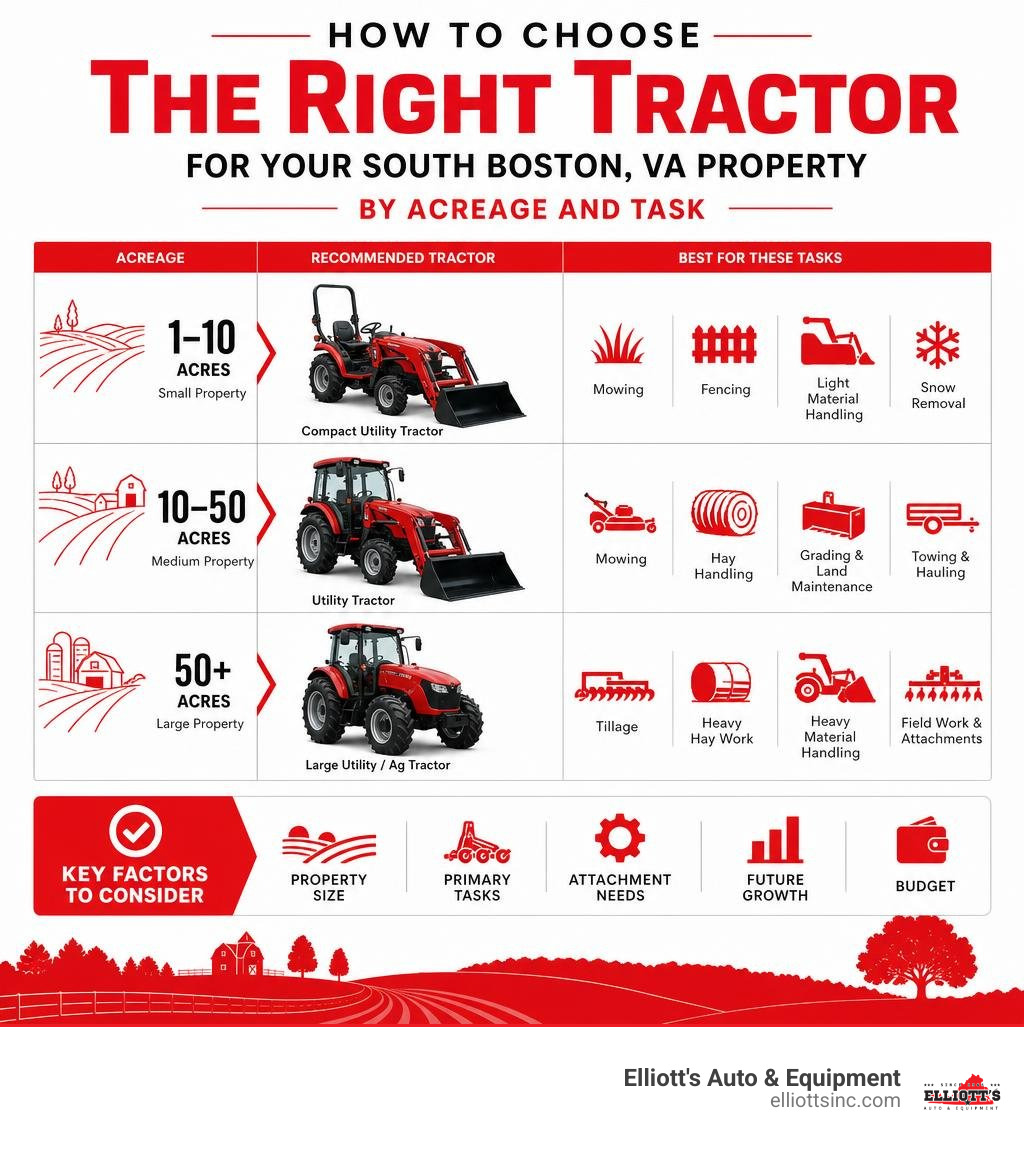 Infographic: How to choose the right tractor for your South Boston VA property by acreage and task infographic