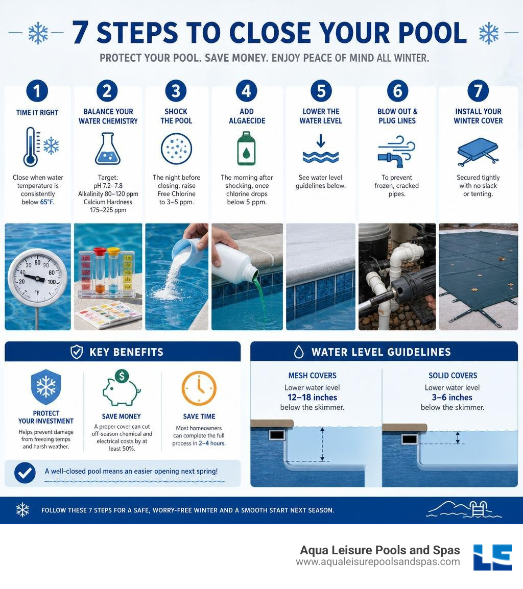 infographic showing 7 steps of pool closing with key benefits and water level guidelines infographic