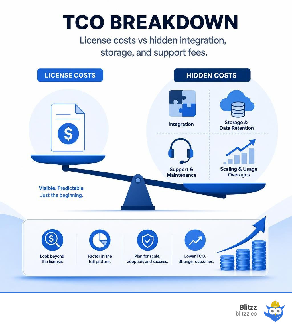 TCO breakdown: License costs vs hidden integration, storage, and support fees infographic TCO breakdown: License costs vs hidden integration, storage, and support fees infographic