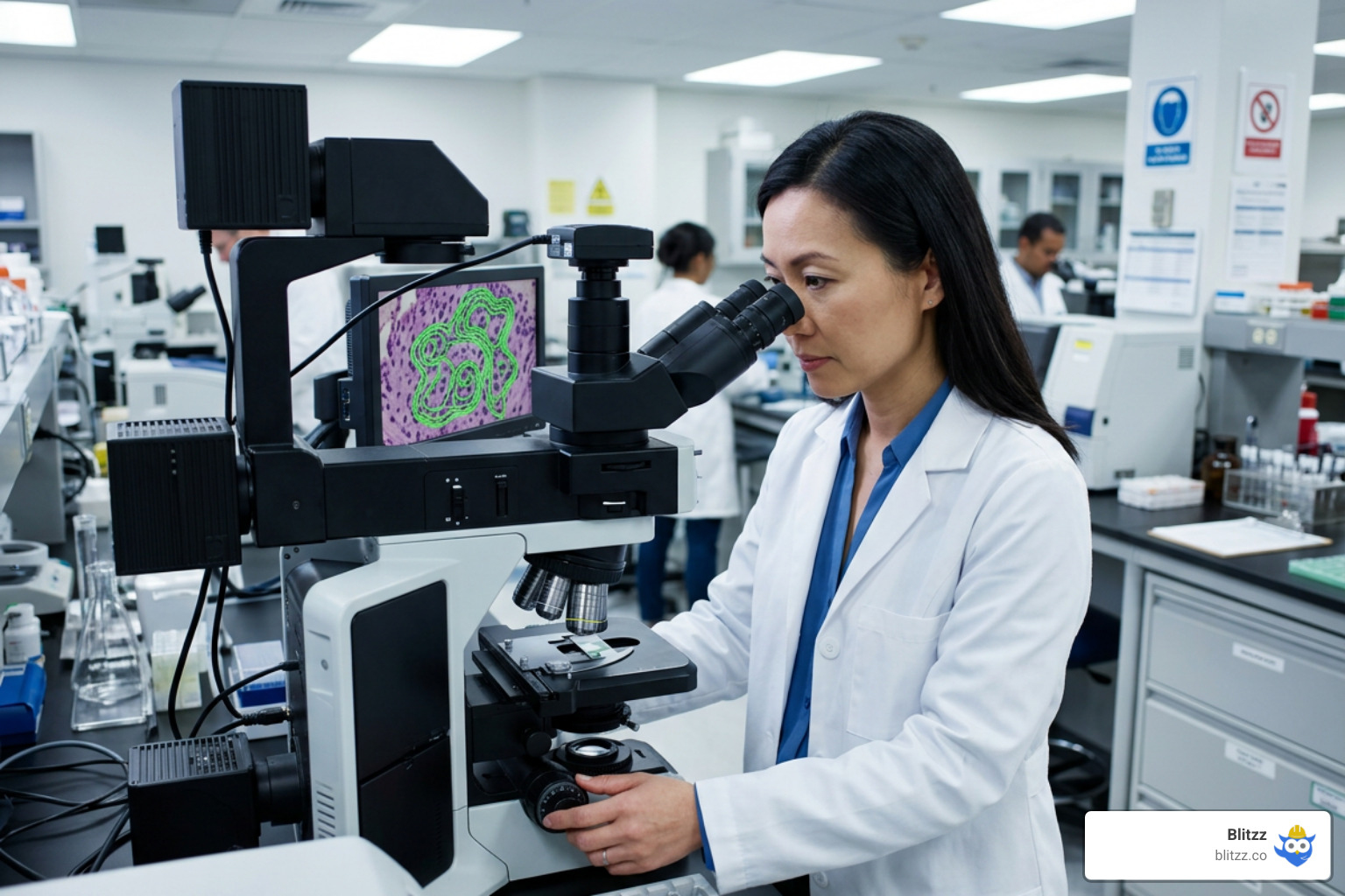 A pathologist using an augmented reality microscope to detect cancer cells in real time A pathologist using an augmented reality microscope to detect cancer cells in real time