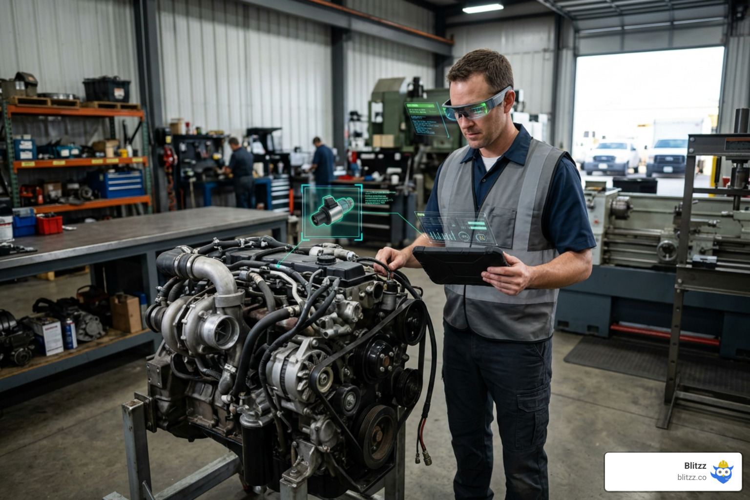 A field technician using AR smart glasses to diagnose a complex machinery fault A field technician using AR smart glasses to diagnose a complex machinery fault
