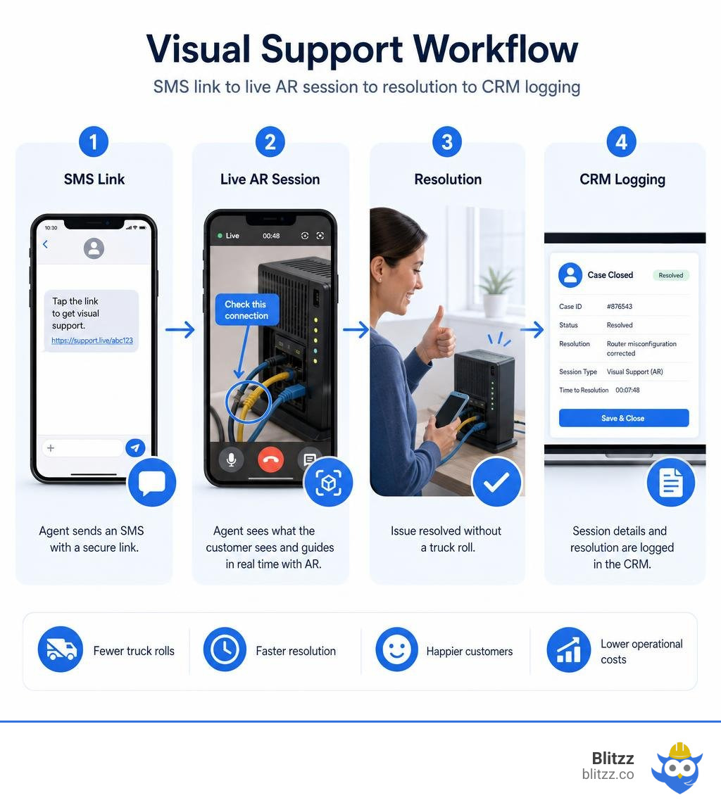 Visual support workflow: SMS link to live AR session to resolution to CRM logging infographic Visual support workflow: SMS link to live AR session to resolution to CRM logging infographic