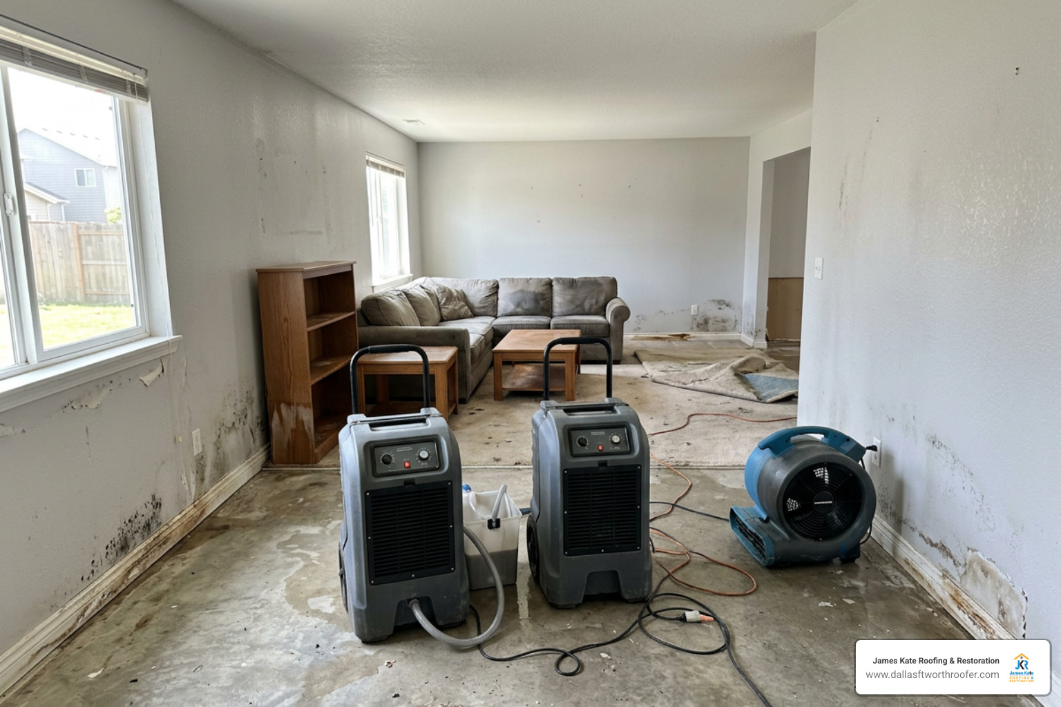 Industrial dehumidifiers drying a room after a flood Industrial dehumidifiers drying a room after a flood