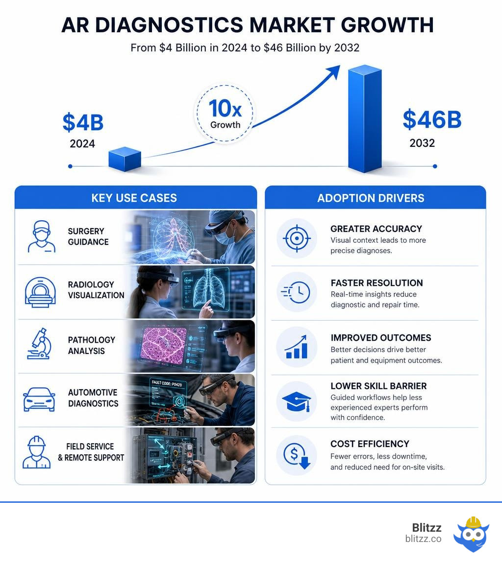 AR diagnostics market growth from $4B in 2024 to $46B in 2032, key use cases, and adoption drivers infographic AR diagnostics market growth from $4B in 2024 to $46B in 2032, key use cases, and adoption drivers infographic