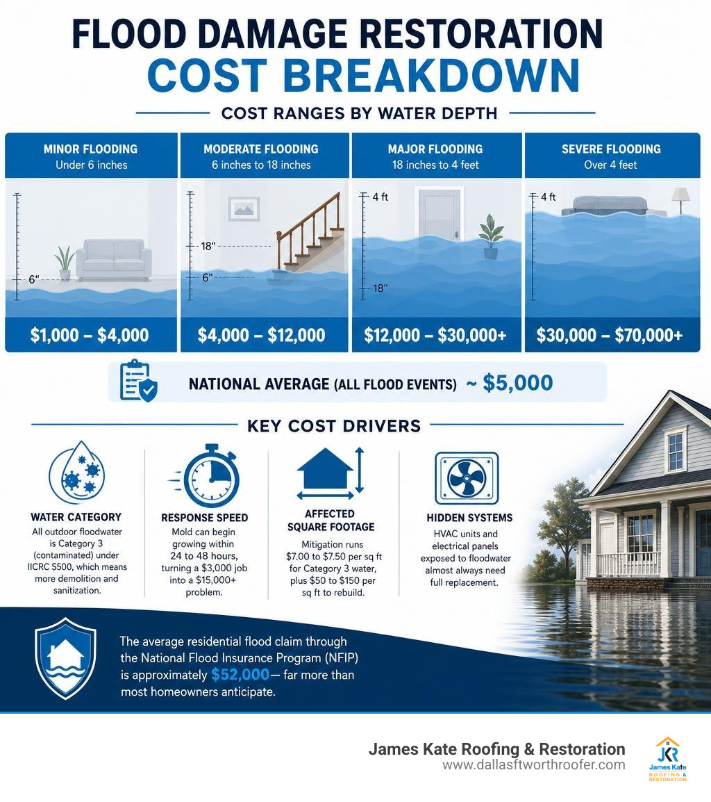 Flood damage solar cost breakdown infographic with cost ranges by water depth and key cost drivers infographic Flood damage solar cost breakdown infographic with cost ranges by water depth and key cost drivers infographic