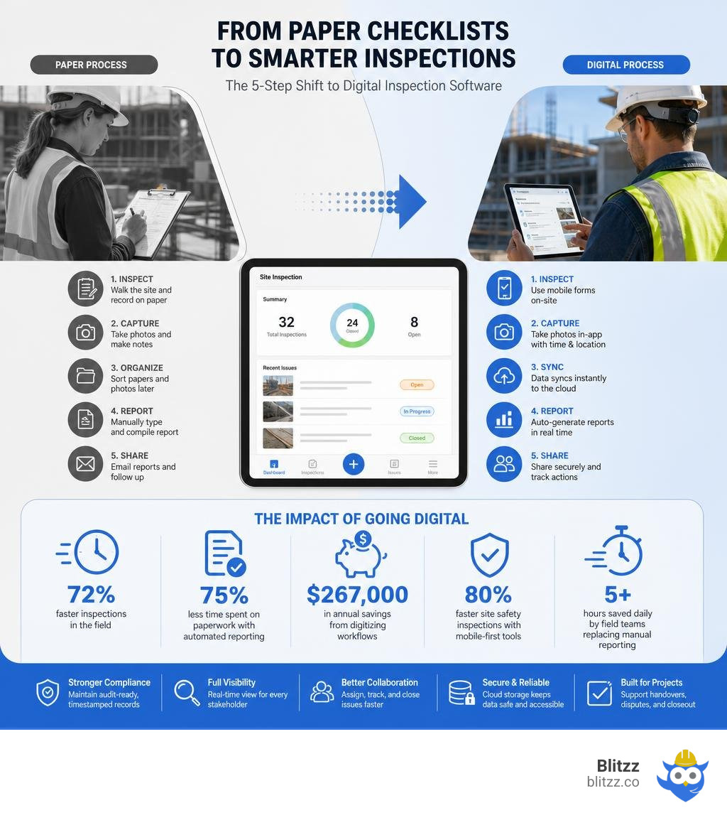 paper clipboard to digital inspection software transition showing key steps and benefits infographic