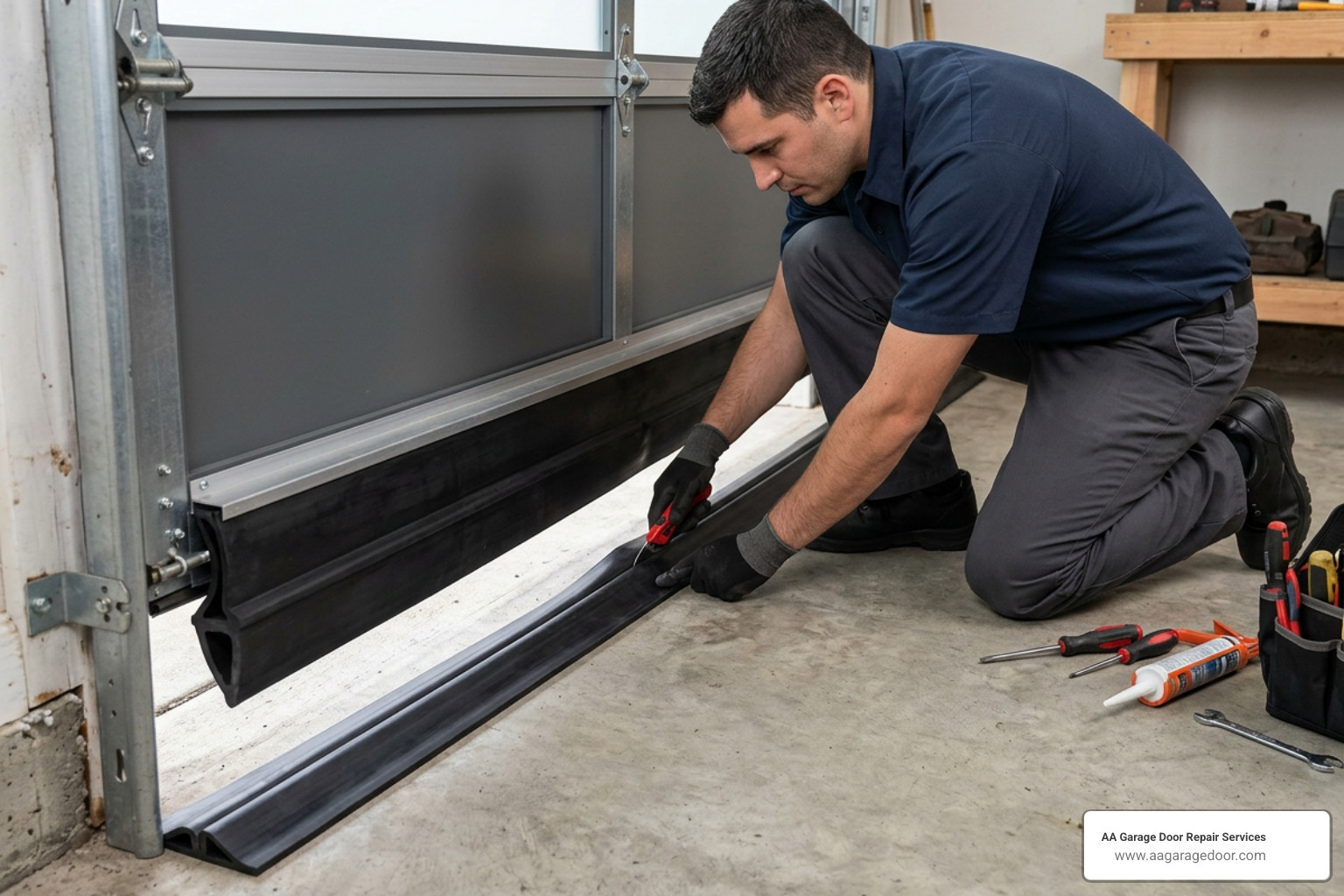 Professional installation of a floor-mounted threshold seal paired with a heavy-duty EPDM bottom seal Professional installation of a floor-mounted threshold seal paired with a heavy-duty EPDM bottom seal
