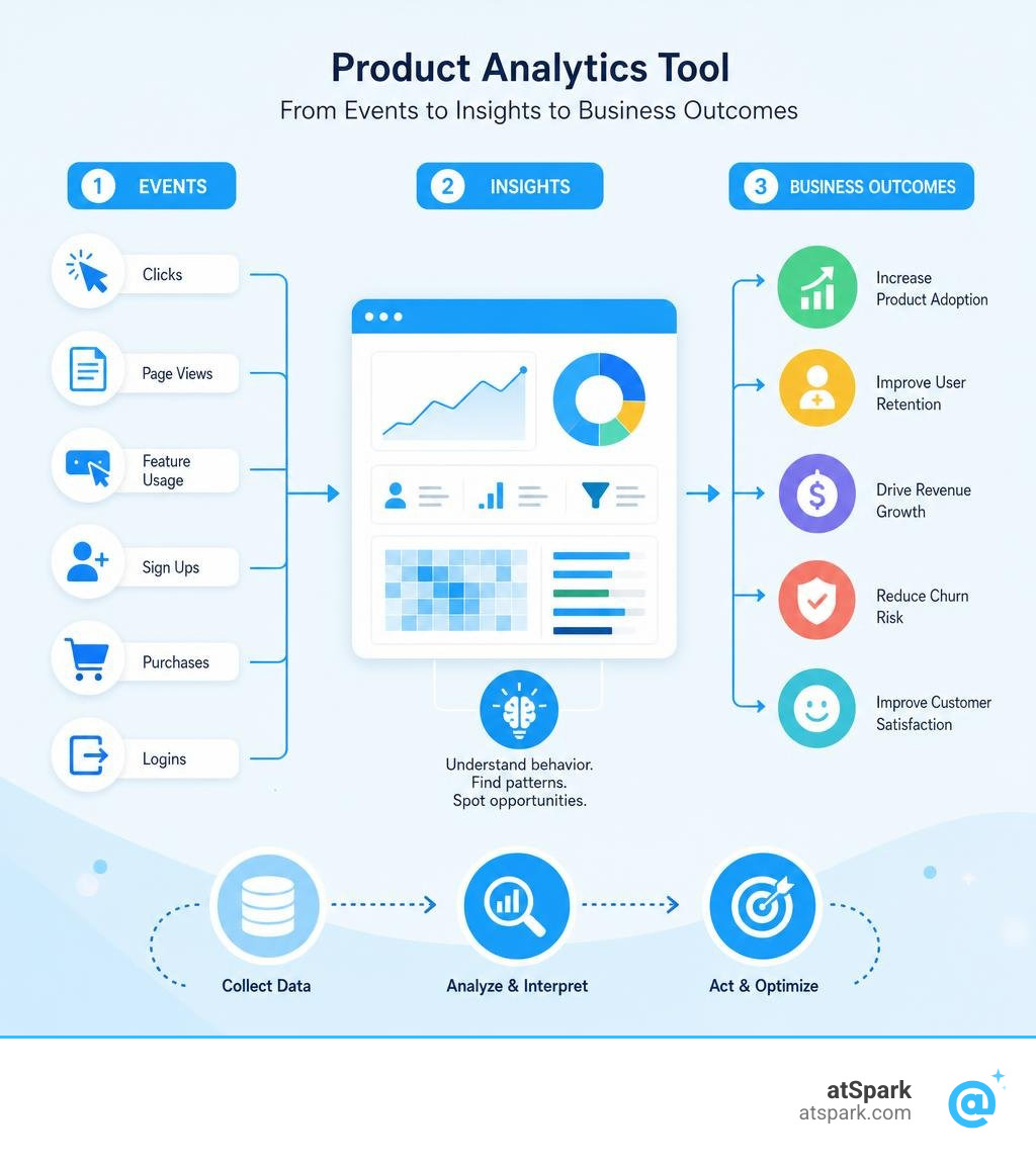product analytics tool data flow from events to insights to business outcomes infographic