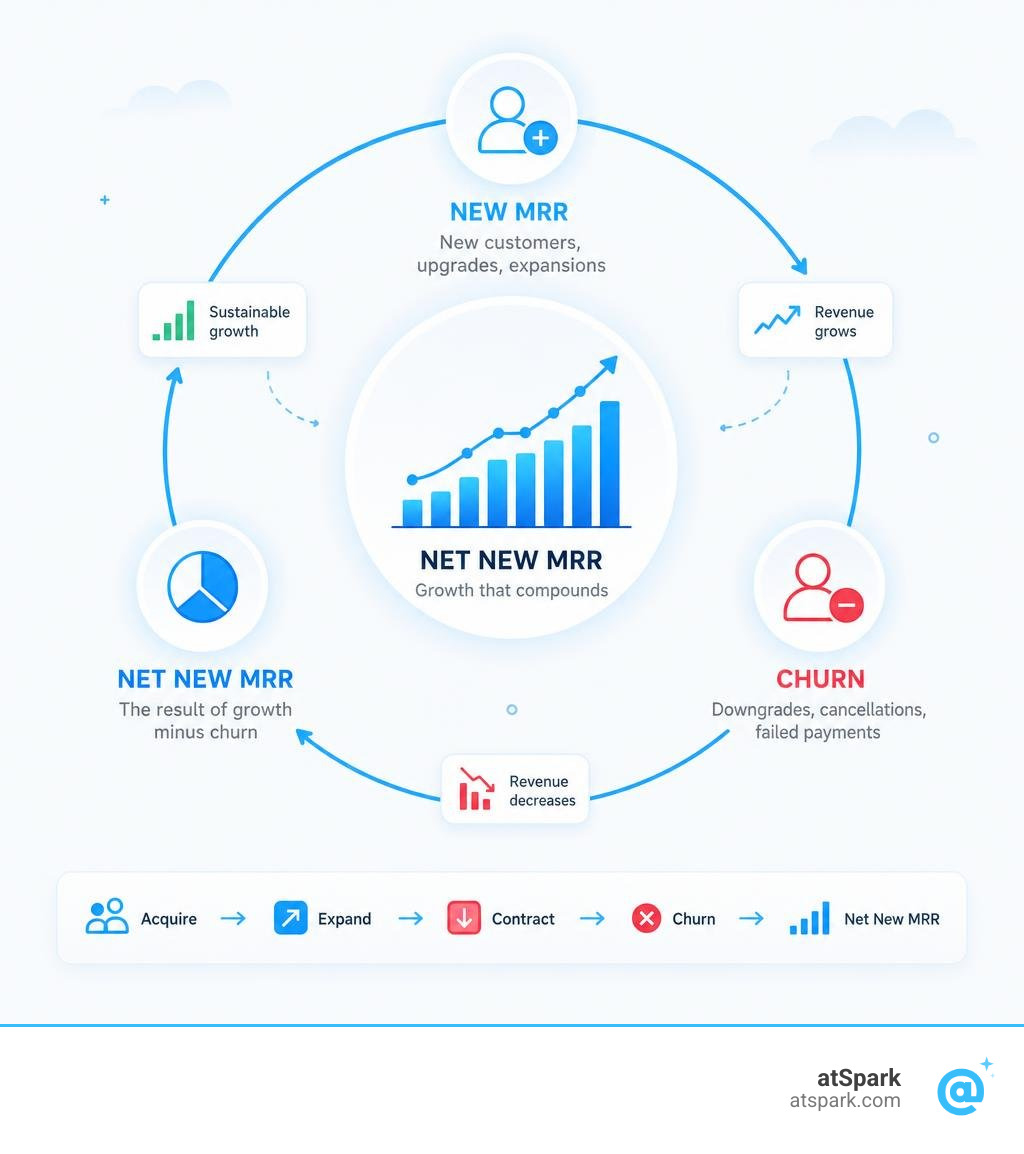 SaaS metrics lifecycle from new MRR to churn to net new MRR infographic infographic SaaS metrics lifecycle from new MRR to churn to net new MRR infographic infographic