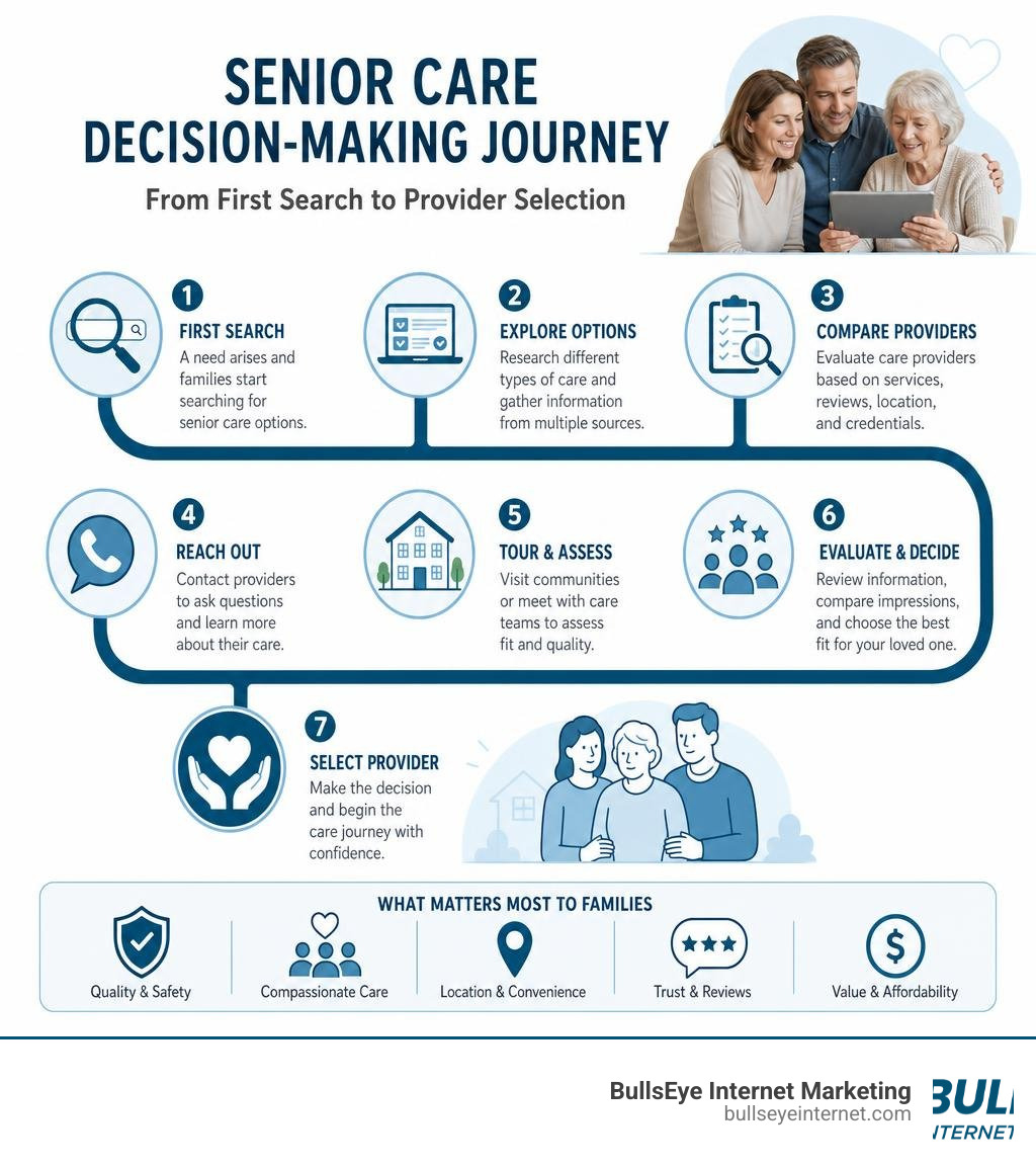 Senior care decision-making journey from first search to provider selection infographic infographic