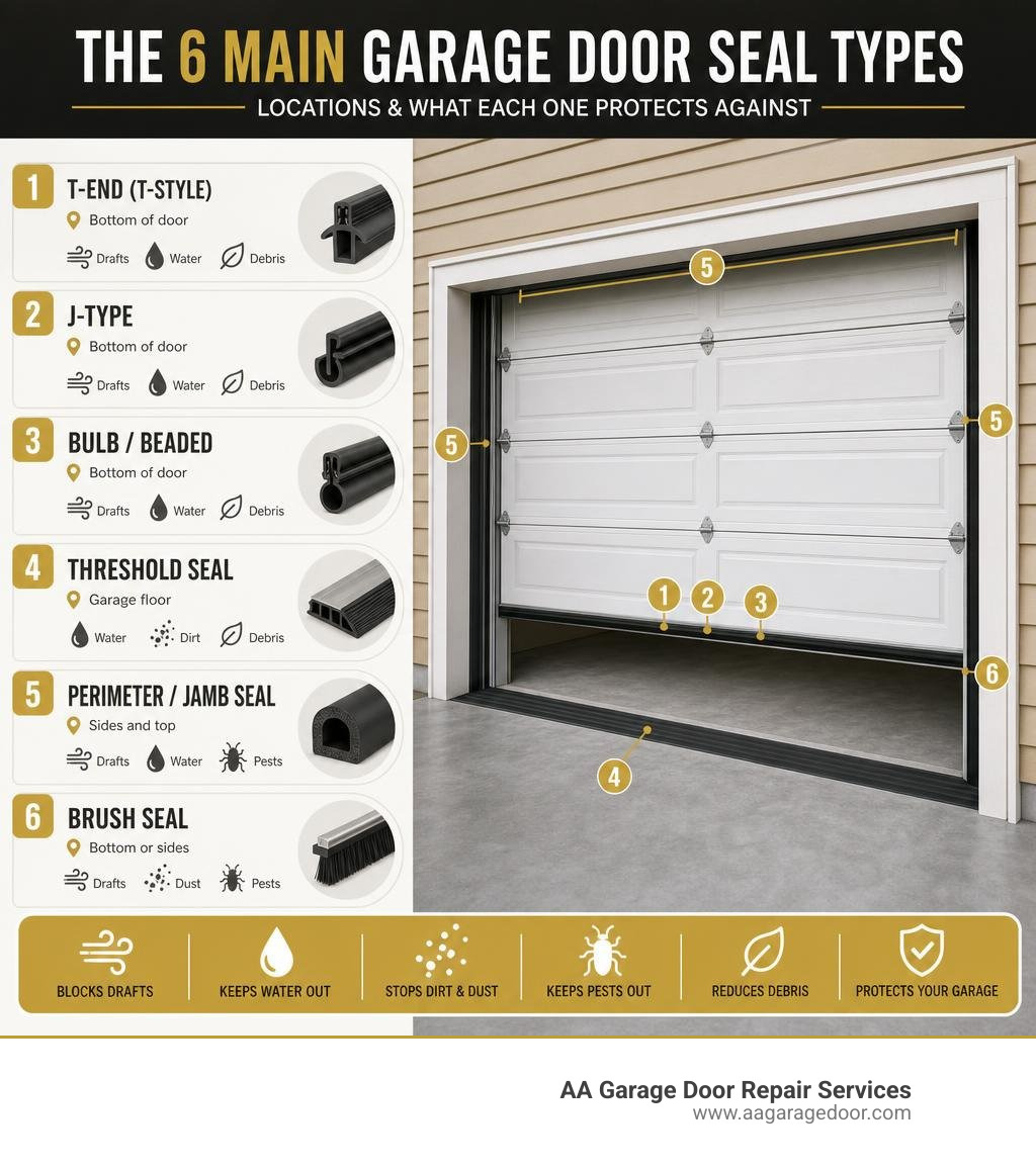Infographic showing the six main garage door seal types, their locations, and what each one protects against infographic Infographic showing the six main garage door seal types, their locations, and what each one protects against infographic