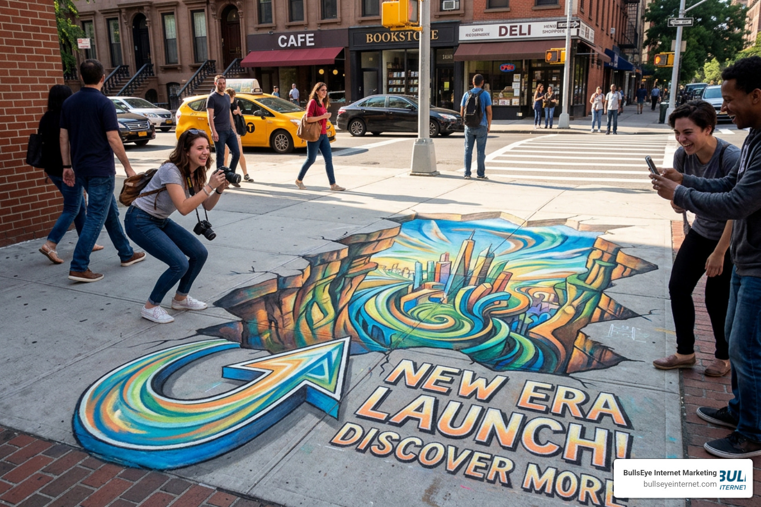A vibrant, eye-catching street art installation on a public sidewalk promoting a local brand's launch A vibrant, eye-catching street art installation on a public sidewalk promoting a local brand's launch