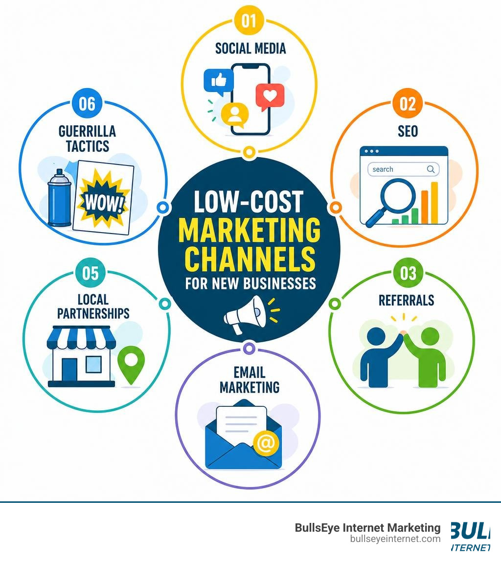 Breakdown of low-cost marketing channels for new businesses: social media, SEO, referrals, email, local partnerships Breakdown of low-cost marketing channels for new businesses: social media, SEO, referrals, email, local partnerships