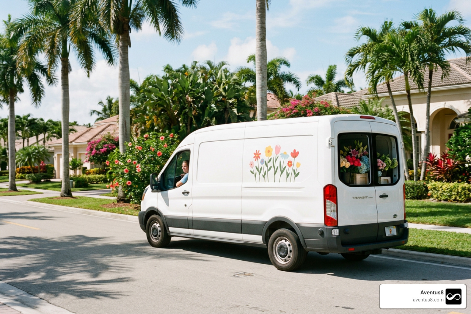 Local flower delivery van driving through Hollywood, FL