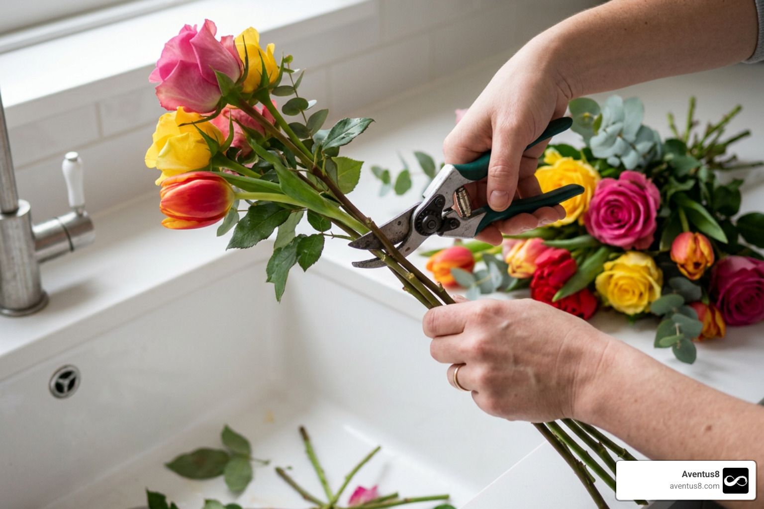 Trimming flower stems at a 45-degree angle for maximum freshness