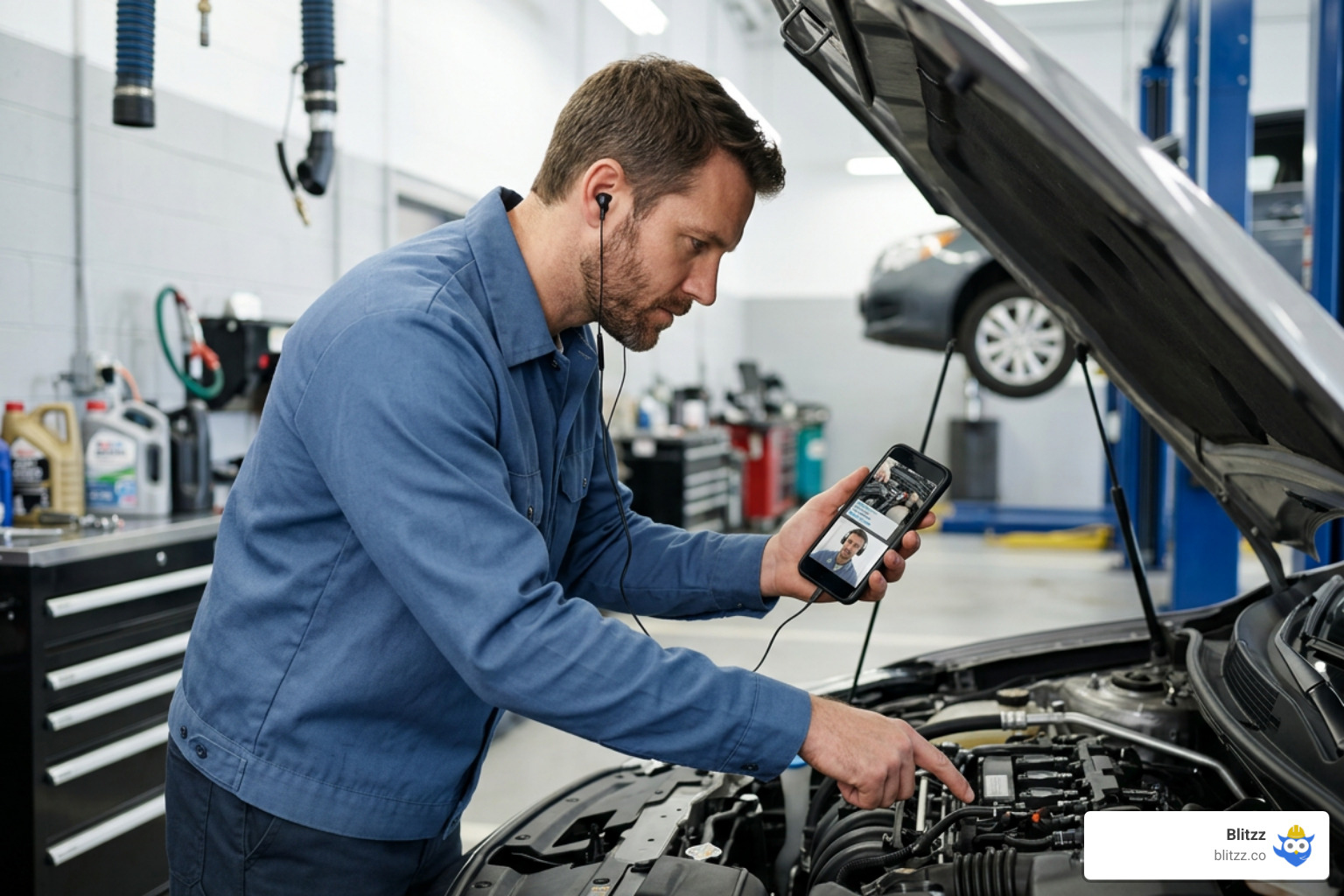 automotive remote visual support technician diagnosing vehicle via smartphone