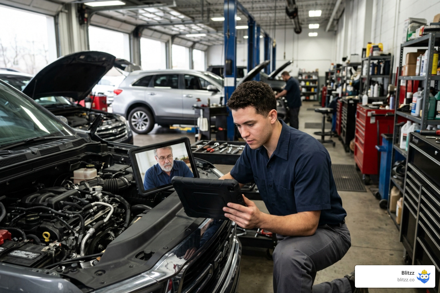 A dealership technician using a tablet to collaborate with a remote OEM expert in a busy workshop