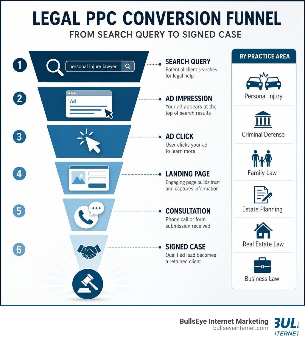 Legal PPC conversion funnel from search query to signed case by practice area infographic