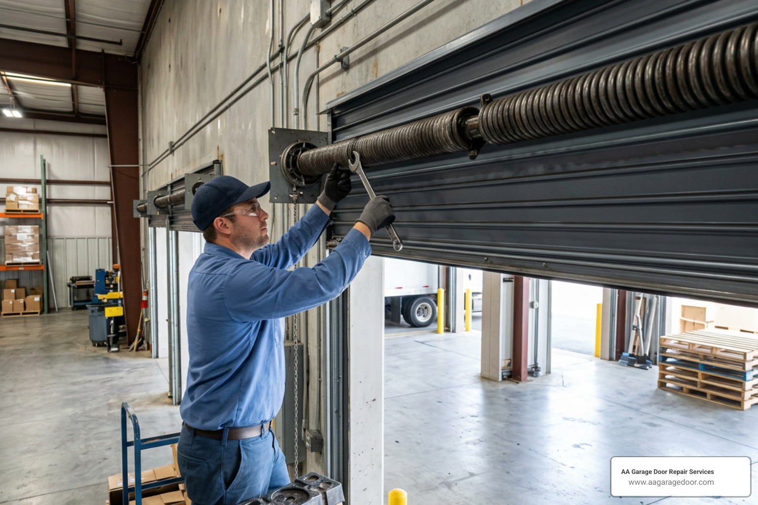 AA Garage Door Repair Services technician repairing a commercial rolling steel garage door